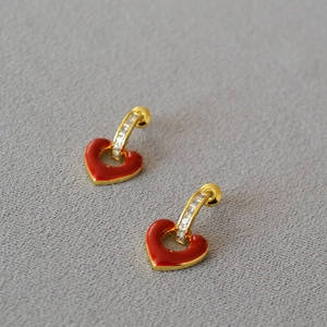Handmade Red Enamel Heart Stud Earrings With 925 Sterling Silver Post Brass Gold Plated Zirconia Inlaid Jewelry For Women