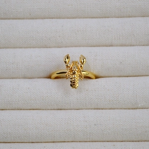 Détail macro d'une bague homard en laiton doré avec texture précise sur un présentoir