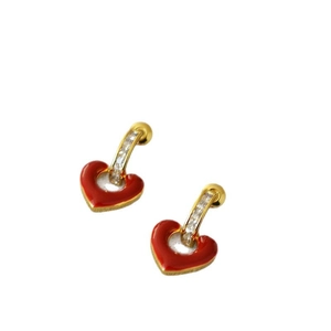 Handcrafted 925 silver needle heart earrings with red enamel and pavé zircon stones