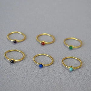 Minimalist Brass Gold Plated Ring For Women Inlaid Round Natural Stone Agate Amethyst Lapis Lazuli Thin Stackable Finger Ring