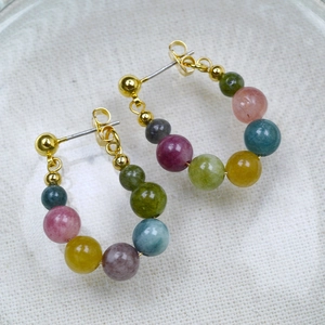 Handmade gold-plated brass hoop earrings with vibrant natural colorful stone beads