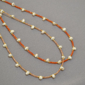 Handmade Freshwater Pearl Zirconia Petal Beaded Necklace For Women Champagne Red-Orange Elegant Clavicle Chain Jewelry