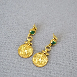 Gold-plated brass malachite coin earrings with Egyptian cat relief and crystal accents