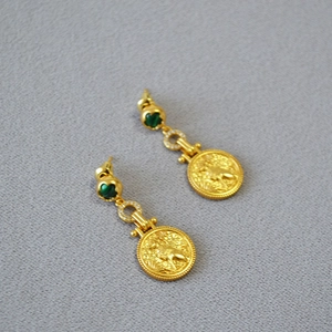 Vintage gold-plated brass earrings with malachite stone and Egyptian cat coin pendant