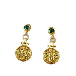 Vintage brass gold-plated malachite flower earrings with Egyptian cat coin charms