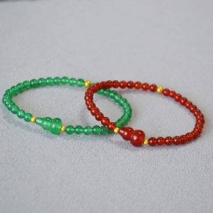 Bracciale di Perline in Agata Naturale per Donna Stile Cinese Ciondolo Zucca Wu Lou Accenti Placcati Oro Gioielli Minimalisti