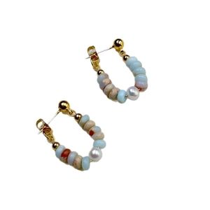 Bohemian earrings with blue natural stones, orange beads and white pearls in gold plating