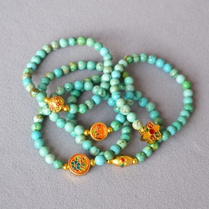 Vintage Ethnic Artificial Turquoise Beaded Bracelet For Women Brass Enamel Flower Charm Retro Artistic Chinese Style Jewelry