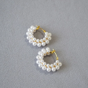 French vintage hoop earrings with double-row white pearls and 18K gold-plated base