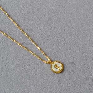 Vue macro de la chaîne dorée et du pendentif ovale avec relief de rose en nacre