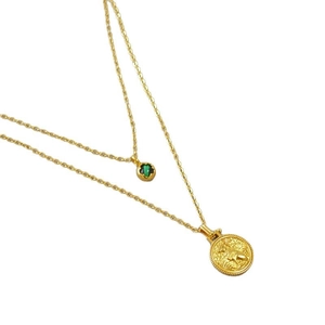 Vintage layered gold necklace with malachite stone and Egyptian cat coin pendant