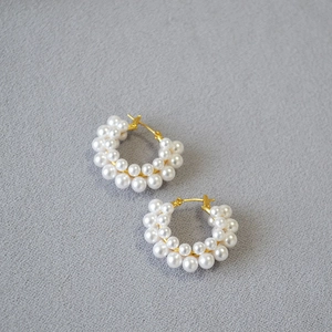 Elegant French vintage pearl flower cluster earrings with golden metal findings