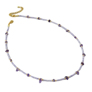 Elegant bohemian amethyst beaded necklace with irregular stones and golden accents