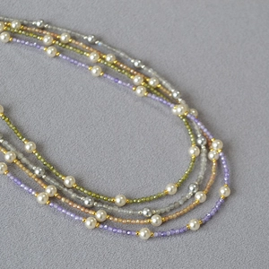 Sparkly layered necklace with colorful faceted zircon beads and white pearls for women