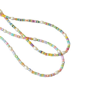 Colorful bohemian necklace with freshwater pearls and macaron clay beads for summer