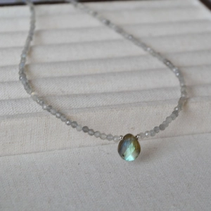 Detailed view of beaded labradorite necklace featuring a teardrop gemstone pendant