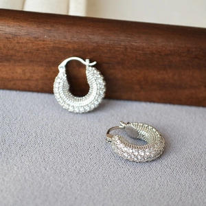 Detailed macro view of silver hoop earrings with shimmering full cubic zirconia inlay