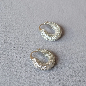 Macro shot of silver-colored thick hoop earrings with micro-paved sparkling cubic zirconia