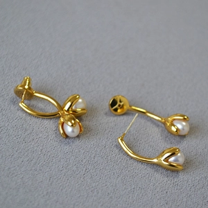 Freshwater Pearl Tulip Flower Bud Stud Earrings Gold Plated Brass With 925 Sterling Silver Earring Post Elegant Women