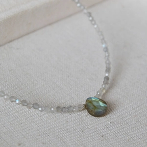 Macro shot of faceted labradorite beaded necklace with a blue flash teardrop pendant