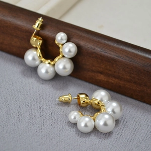 C-Shape Hoop Earrings Gold Plated Brass Faux Artificial Pearl Elegant Vintage Jewelry With 925 Sterling Silver Earring Post For Women
