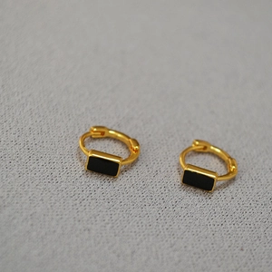Minimalist gold-plated brass hoop earrings with black enamel rectangular charms