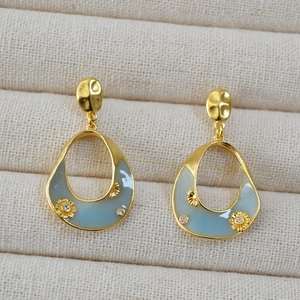 French Retro Drop Earrings Brass Gold Plated Blue Enamel Floral With Earring Post Rhinestone Jewelry