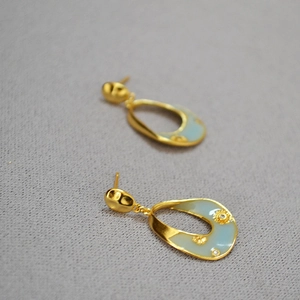 French retro gold plated flower earrings with light blue enamel in teardrop shape