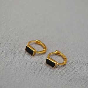Minimalist gold plated brass hoop earrings with black enamel rectangle inlay for women