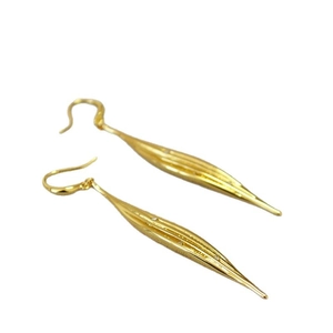 Golden leaf drop earrings with sleek streamlined design and brushed metallic finish