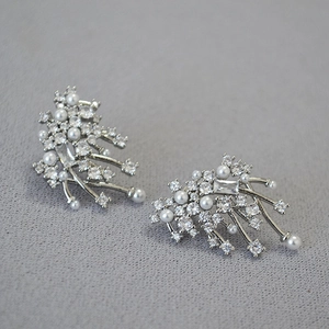 Sparkling silver stud earrings with pearl and cubic zirconia in flower fountain shape