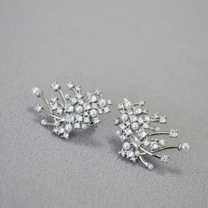 Macro shot of silver stud earrings with cluster pearls and sparkling cubic zirconia