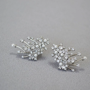 Macro detail of silver earrings with sparkling zircons and elegant white pearls