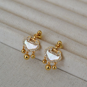 Elegant gold Ruyi lock earrings with white shell inlay and 925 silver needles