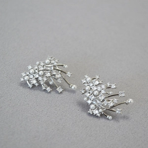 Detailed shot of silver stud earrings with pearls and brilliant cubic zirconia stones