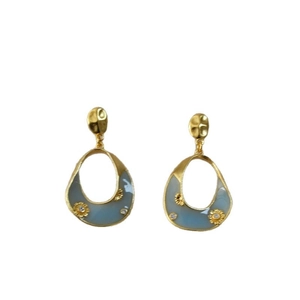 French vintage gold-plated drop earrings with light blue enamel and small golden flowers