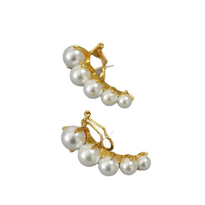 Elegant gold curved pearl earrings with five white graduated pearls on a white background