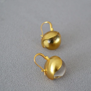 Vintage brushed gold bud earrings with crystal glass sphere in unique creative design