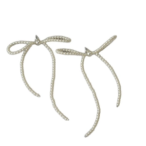 Elegant white faux pearl woven bowknot long tassel earrings with silver post for women