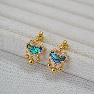 Macro shot of Ruyi lock earrings with abalone shell inlay and micro-pave zircons