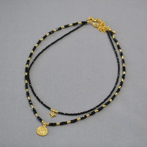 French Vintage Black Spinel Star Sun God Coin Layered Pendant Necklace Gold Plated Copper Alloy Jewelry For Women Party