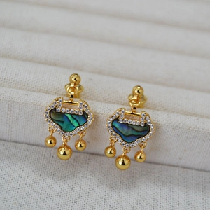 Elegant Ruyi lock earrings with iridescent shell inlay and sparkling zirconia accents