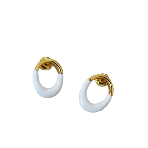 Minimalist oval white enamel earrings with irregular brass gold plating for women