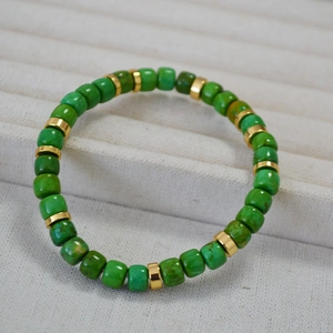 Vintage turquoise old-shape beads stretch bracelet with gold spacers for women