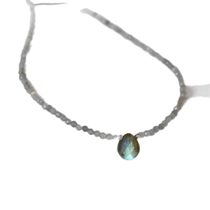 Retro grey labradorite beaded necklace with a blue flash teardrop gemstone pendant