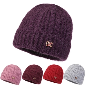 Women Winter Warm Knit Beanie Hat Thick Velvet Lined Jacquard Floral Pattern For Middle-Aged Elderly Mother Grandmother Casual Cap
