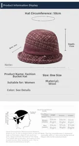 Size chart showing 58cm circumference and 11cm depth for floral winter bucket hat
