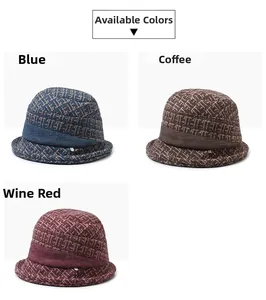 Three-color collage of elderly women's winter floral bucket hats in blue, brown, and burgundy
