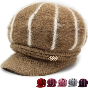 Women Winter Knit Beanie Hat With Brim Warm Newsboy Cap Striped Polyester Hat With Rhinestone Buckle Flower Decor