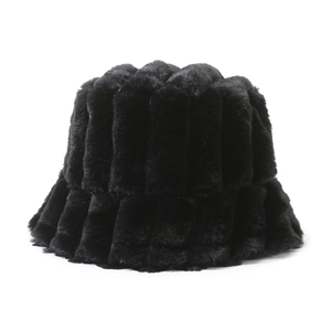 Detailed close-up of black fuzzy bucket hat with thick vertical ribbed plush texture